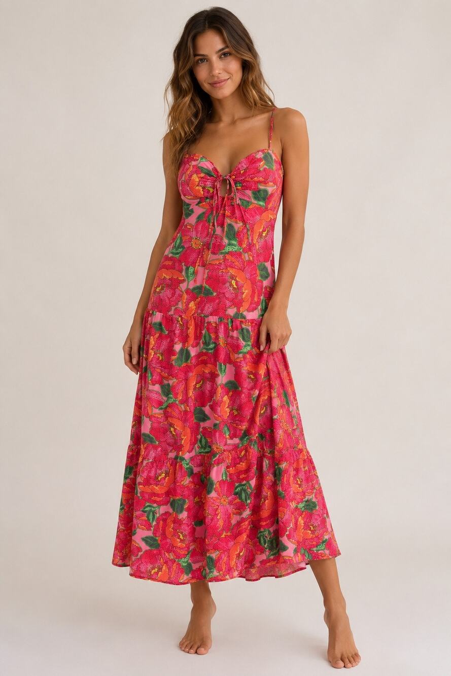 Tropical Floral Cutout Maxi Dress Boho Resort Vacation Cottagecore Sz XL